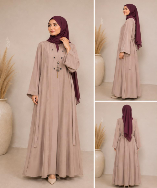 Dusty Pink Front Open Pleated Abaya With Burgundy Hijab