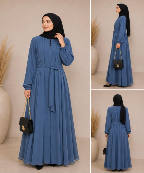 Luxury Blue Chiffon Frock Style Abaya with Waist Belt & Black Hijab