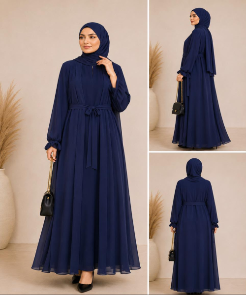 Navy Blue Open Front Chiffon Abaya with Matching Hijab for Women