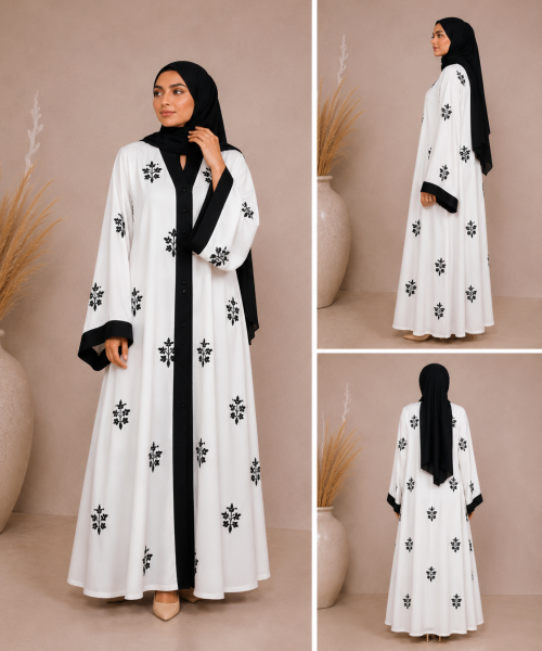 White Embroidered Open Front Abaya with Black Trim & Matching Hijab | Modest Islamic Wear